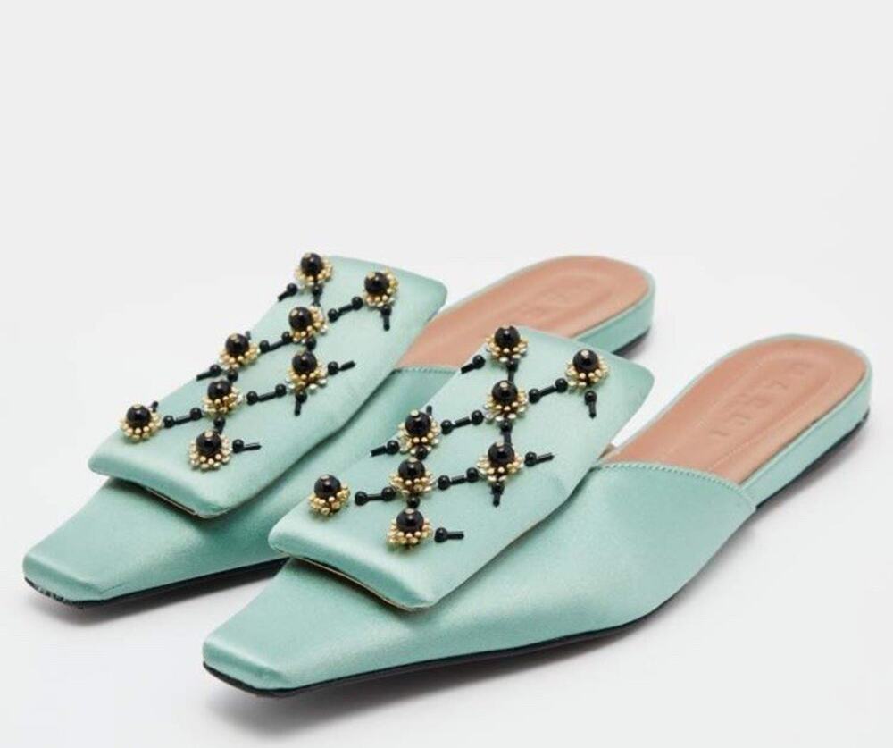 Marni Satin Embellished Mules EU 37 Light Aqua Blue Beaded Flat Slides Italy